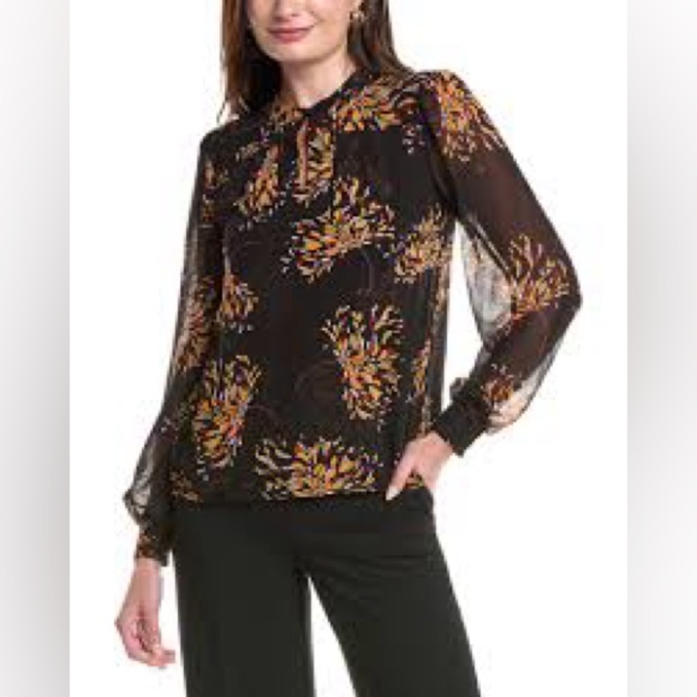 CAbi Style #4531 Black Floral Print Sheer Blouse - Size M